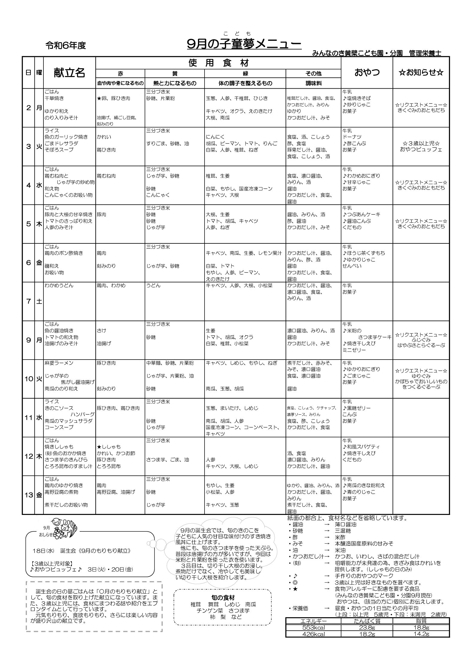★9月献立　黄檗版　